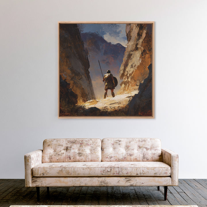 Solitary Spear Warrior In Sunlit Canyon Canvas Print, Ancient Greek Art, Southwestern Wall Art, Rustic Home Decor, Gift For Him