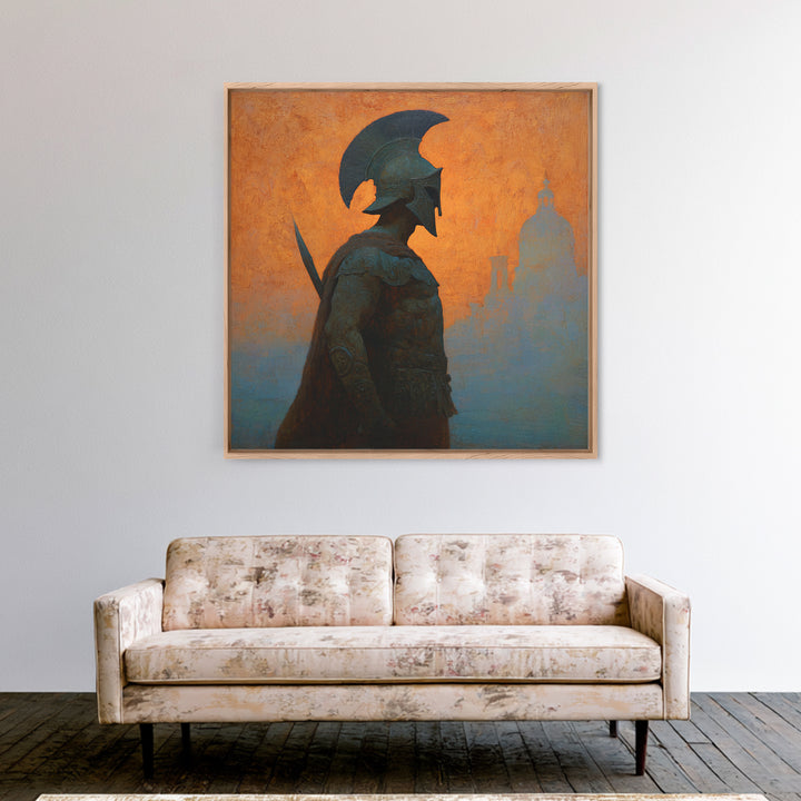 Spartan Warrior Silhouette Canvas Print, Orange Ancient Cityscape, Greek Mythology Wall Art, Classical History Home Decor
