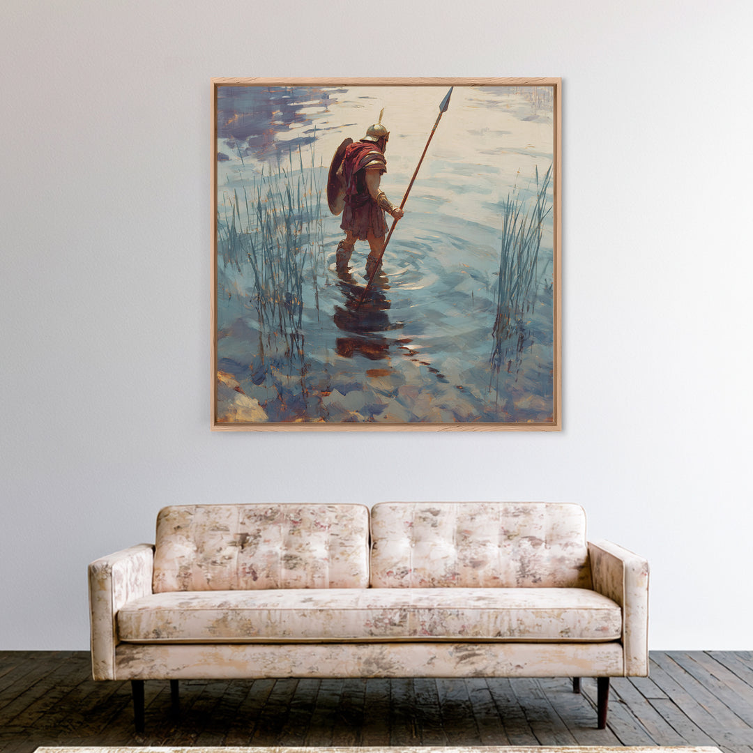 Solitary Warrior Wading Through Water Wall Art, Roman Spearman Landscape, Coastal Blue Canvas Print For Living Room Decor