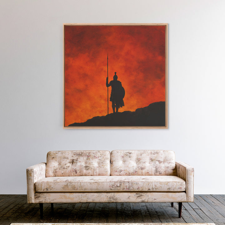 Spartan Silhouette With Spear At Red Sunset Framed Canvas Print, Greek Wall Art, Mythological Art, Dramatic Wall Decor, Gift For Him