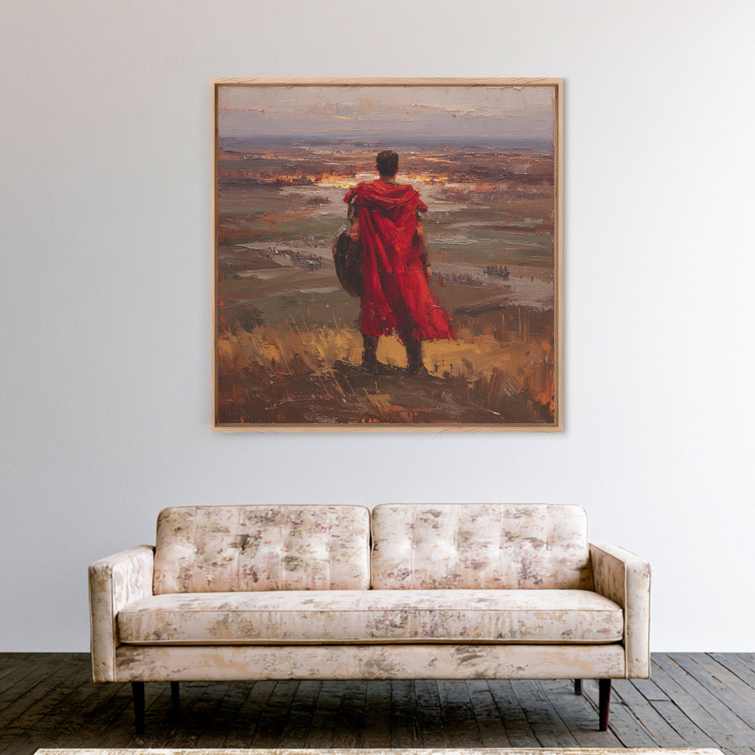 Roman Warrior In Red Cloak Wall Art, Epic Battlefield Oil Painting, Ancient History Decor, Masculine Office Art Print Gift