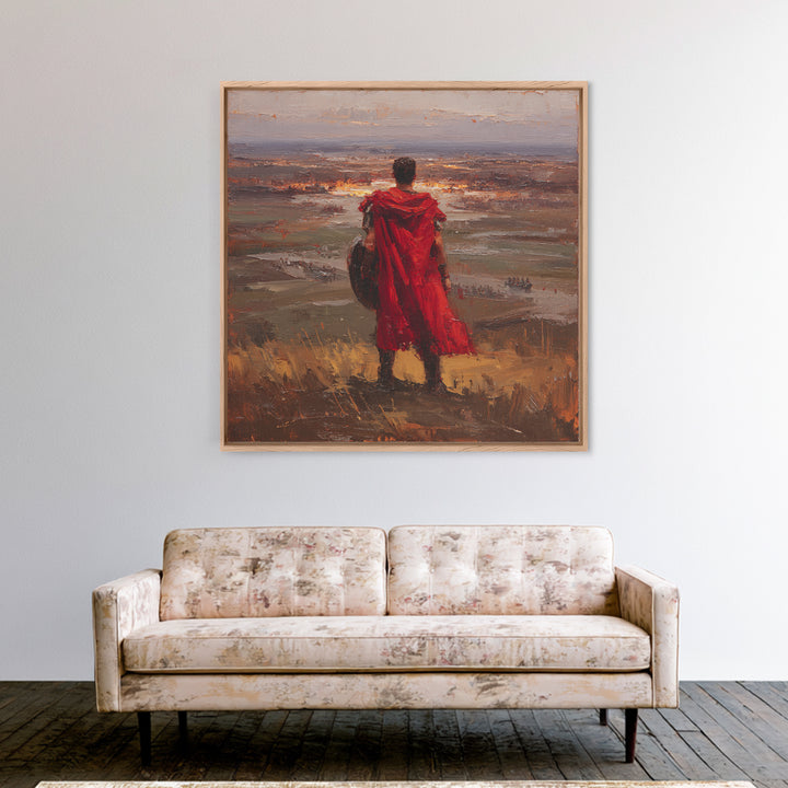 Roman Warrior In Red Cloak Wall Art, Epic Battlefield Oil Painting, Ancient History Decor, Masculine Office Art Print Gift
