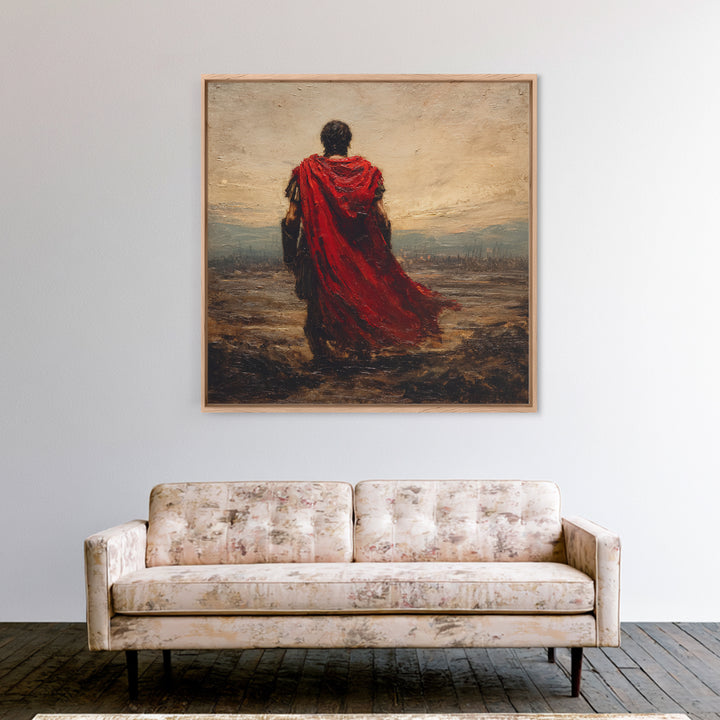 Red Cloaked Roman Warrior Framed Canvas Print, Ancient Battlefield Oil Painting, Classical Landscape Wall Art For Office