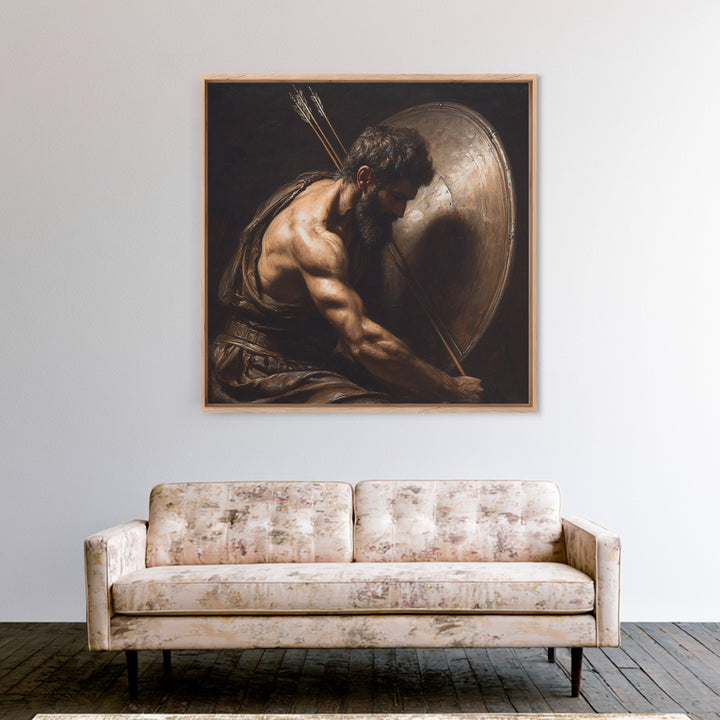 Bearded Warrior With Shield Wall Art, Classical Figurative Oil Painting, Dark Masculine Decor, Gift For Him, Office Decor