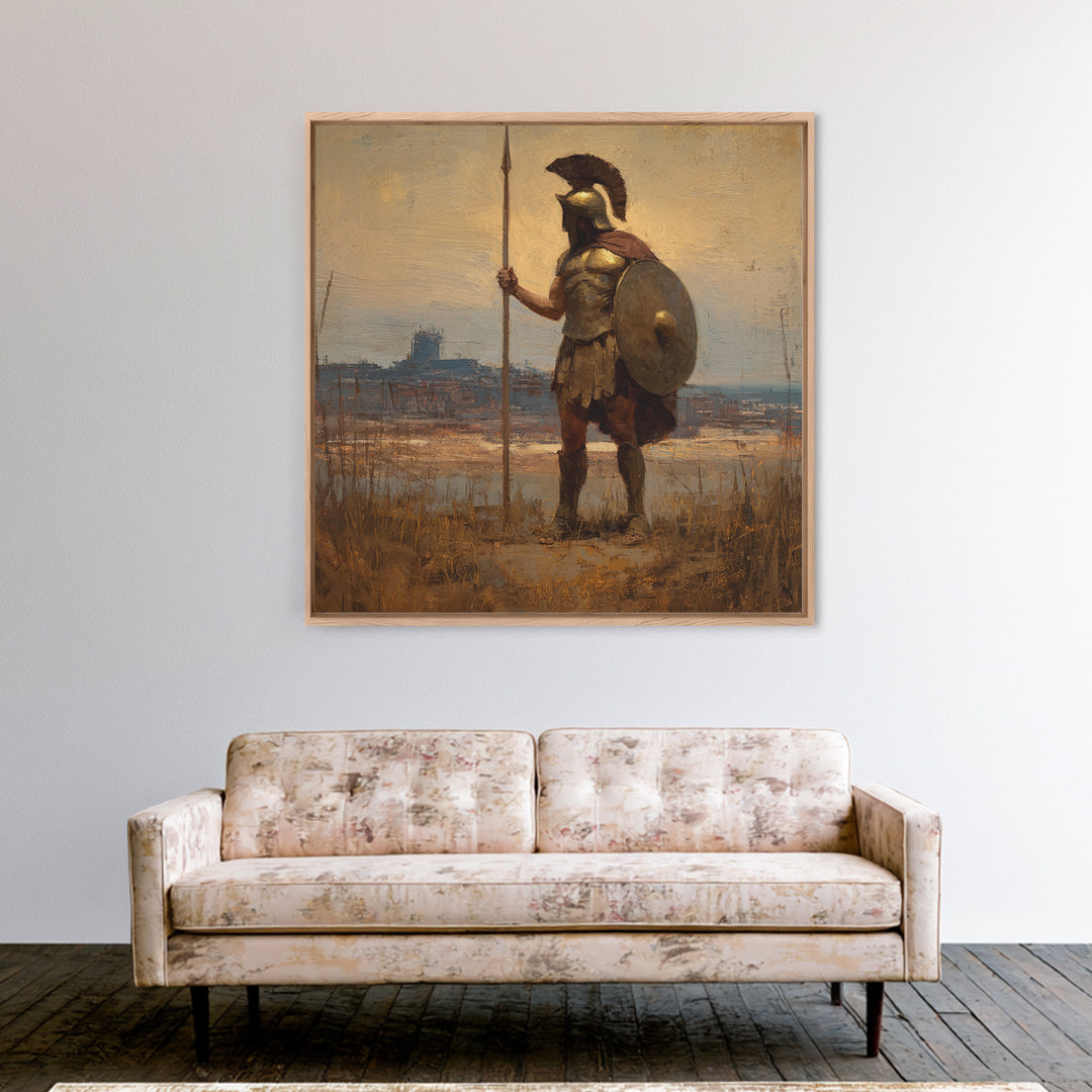 Spartan Guard With Spear And Shield Canvas Print, Greek Warrior Landscape, Ancient History Wall Decor, Masculine Office Art