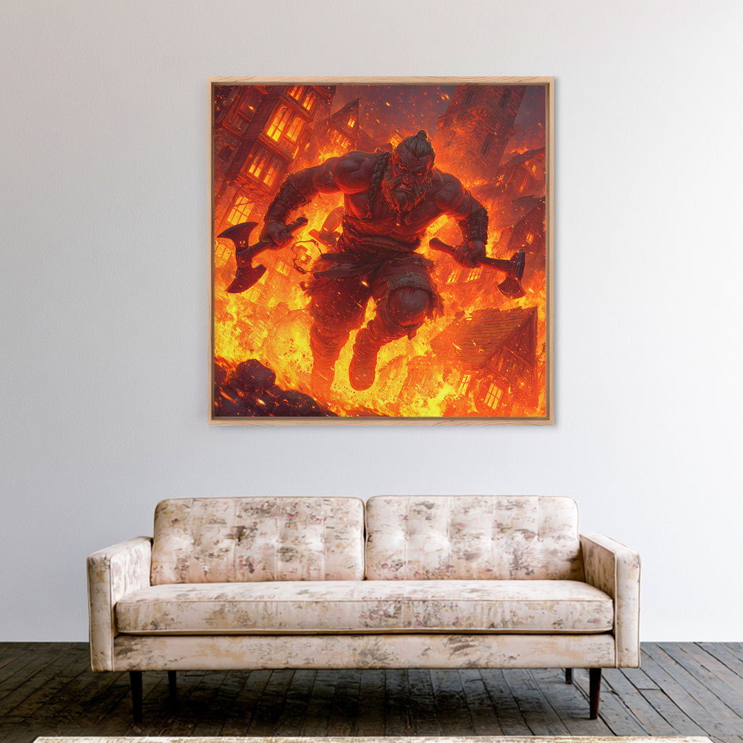 Fire Giant Berserker With Axes Wall Art, Dark Fantasy Canvas, Mythological Warrior Print, Gaming Room Decor, Gift For Him