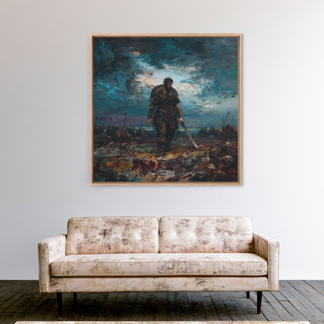 Brooding Warrior With Sword On Stormy Battlefield Canvas Print, Dark Fantasy Art, Masculine Office Decor, Gift For Him, Wall Decor
