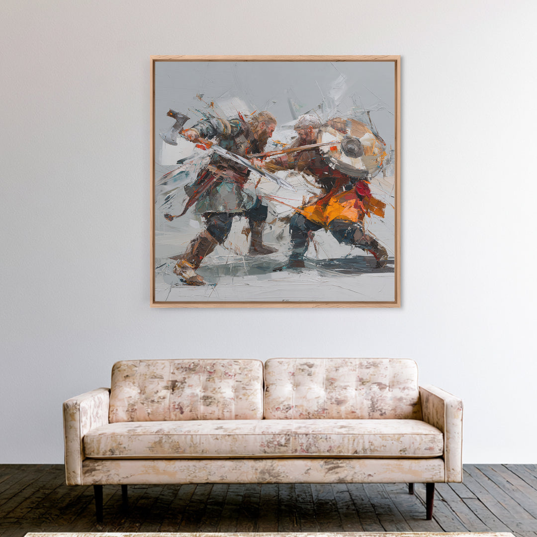 Viking Duel With Swords And Shields Canvas Print, Abstract Warrior Battle Painting, Dynamic Modern Wall Art For Game Room