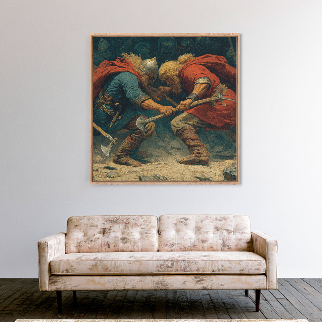 Clashing Viking Warriors With Axes Wall Art, Nordic Battle Painting, Historical Canvas Decor, Dramatic Masculine Office Art