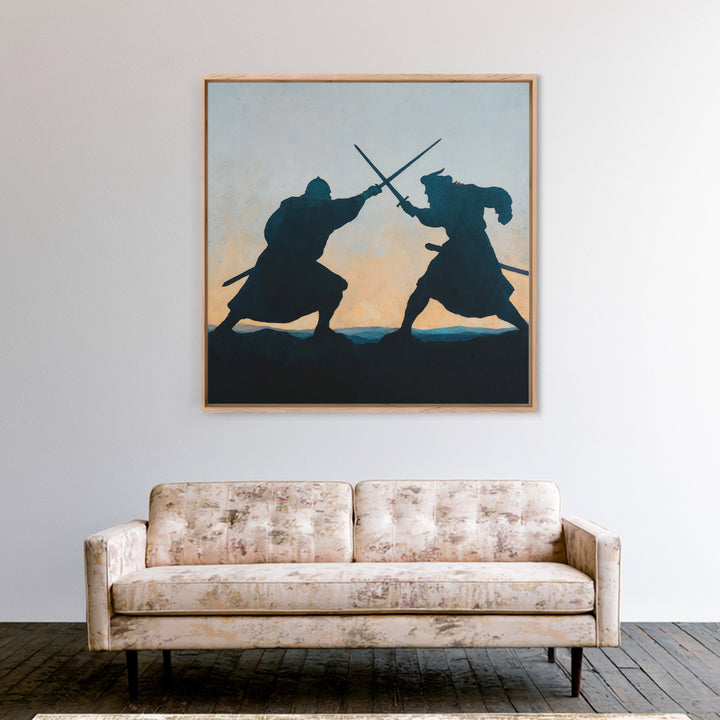 Silhouette Sword Duel At Sunset Canvas Print, Medieval Warrior Wall Decor, Viking Battle Art, Minimalist Masculine Gift For Him