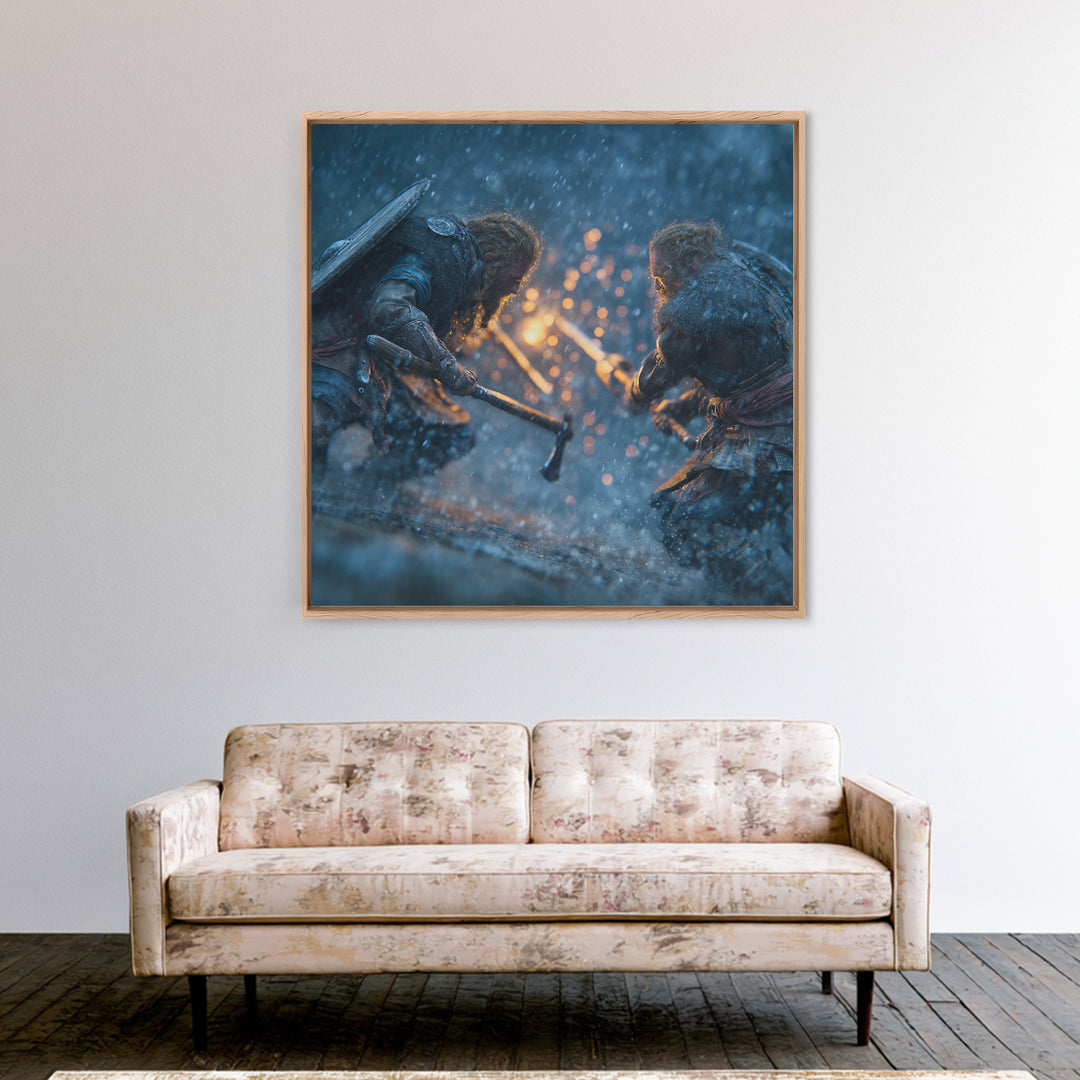 Snowy Viking Duel With Axes Wall Art, Norse Battle Canvas Print, Dark Fantasy Decor, Action Artwork, Gift For Him, Nordic Decor