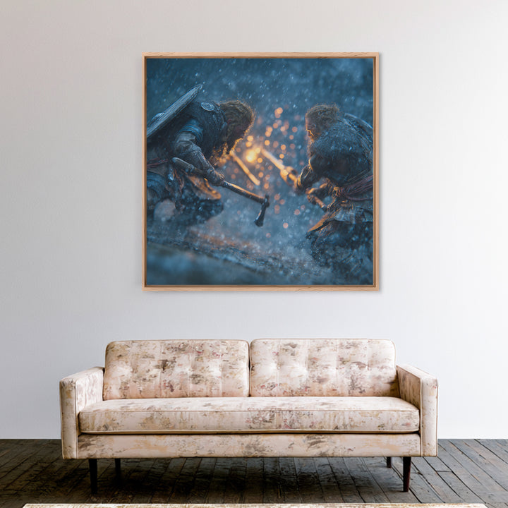 Snowy Viking Duel With Axes Wall Art, Norse Battle Canvas Print, Dark Fantasy Decor, Action Artwork, Gift For Him, Nordic Decor