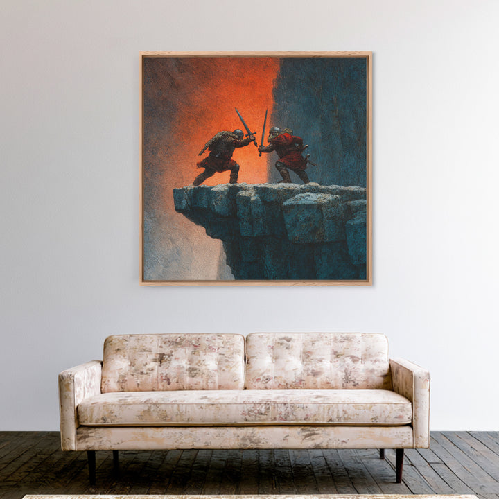 Cliffside Sword Duel Wall Art, Medieval Warriors Battle At Sunset, Dark Fantasy Canvas Print For Game Room And Office Decor