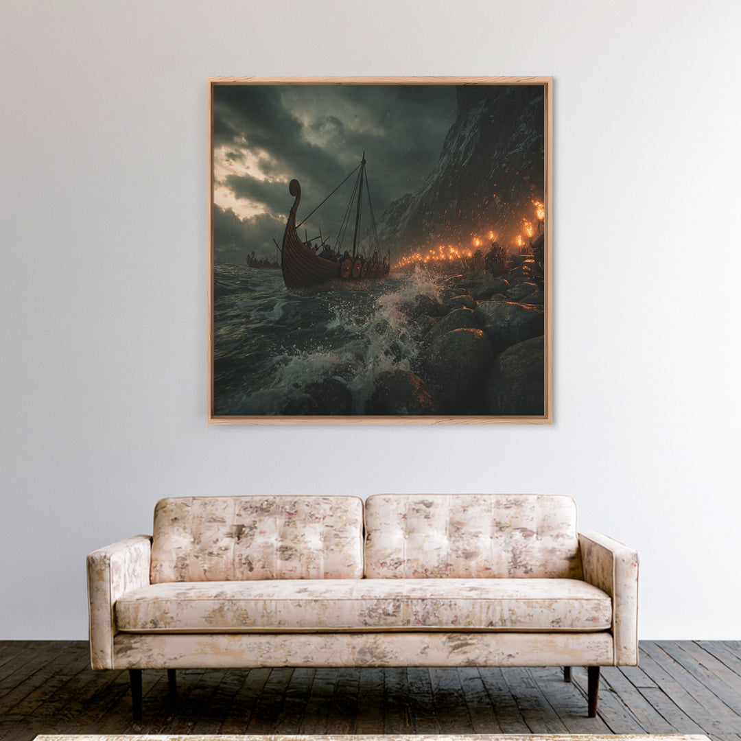 Viking Longship Stormy Shore Framed Canvas Print, Norse Seascape, Dark Fantasy Wall Decor, Masculine Office Art, Viking Wall Art