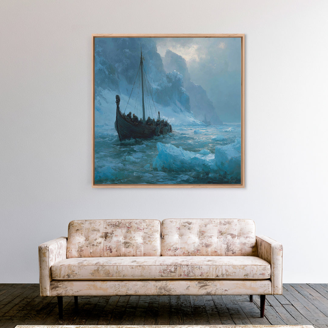 Viking Longship In Icy Fjord, Arctic Seascape Wall Art, Norse Landscape Canvas Print, Coastal Winter Decor, Gift For Him