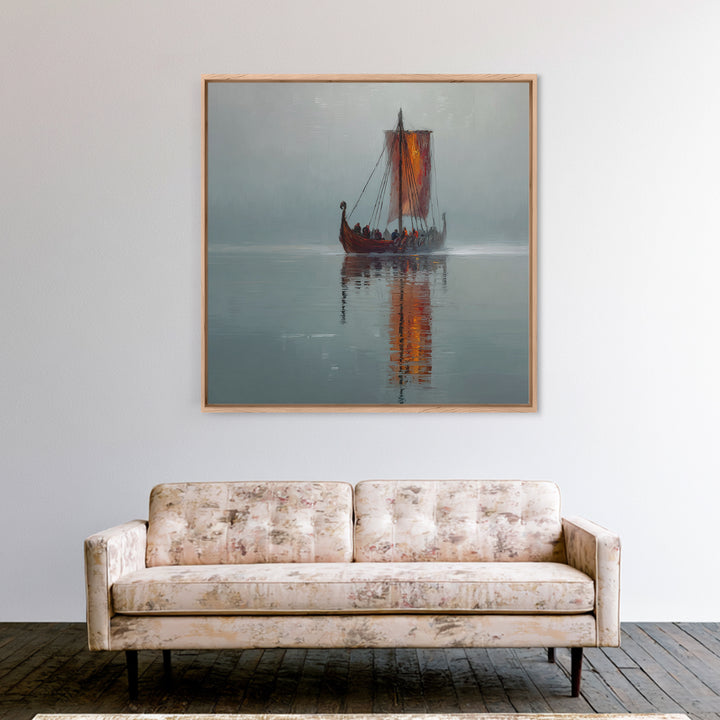 Misty Viking Longship With Red Sail Canvas Print, Nordic Seascape Oil Painting, Nautical Wall Decor, Scandinavian Art, Home Decor
