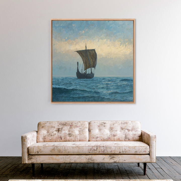 Viking Longship On Stormy Sea Canvas Print, Nautical Fantasy Art, Ocean Landscape Painting, Nordic Coastal Home Decor Gift For Him
