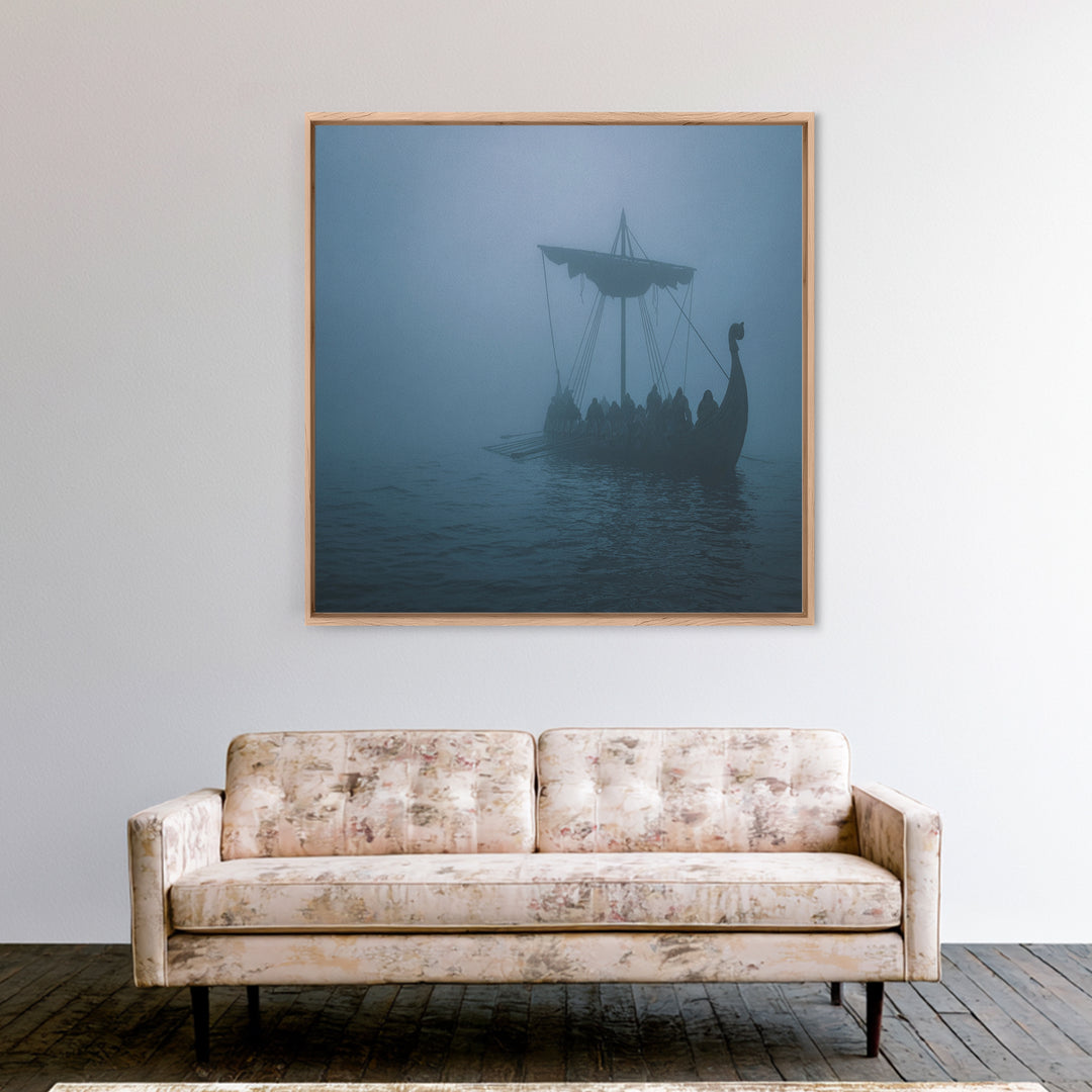 Foggy Viking Longship Wall Art, Nautical Fantasy Canvas Print, Moody Seascape, Nordic Decor, Rustic Coastal Gift For Him