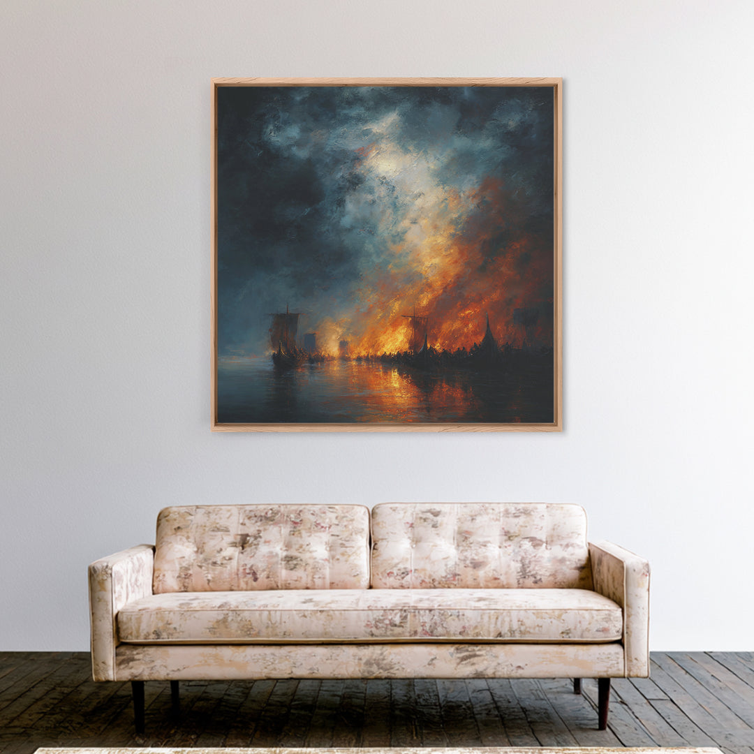 Burning Harbor Ships At Night Wall Art, Moody Seascape Painting, Dramatic Ocean Canvas Art, Dark Coastal Living Room Decor
