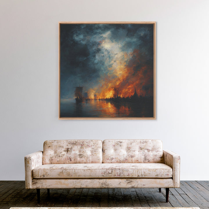 Burning Harbor Ships At Night Wall Art, Moody Seascape Painting, Dramatic Ocean Canvas Art, Dark Coastal Living Room Decor