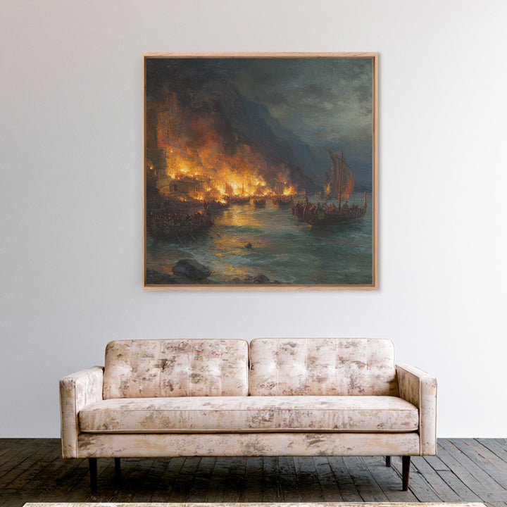Burning Harbor With Viking Longships Framed Canvas Print, Seascape Art, Historical Wall Art, Dark Nautical Decor, Man Cave Decor