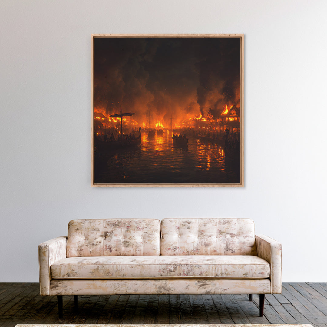 Burning Medieval Harbor And Viking Ships Wall Art, Dark Fantasy Fire Painting, Dramatic Historical Canvas Home Decor, Luxury Wall Decor