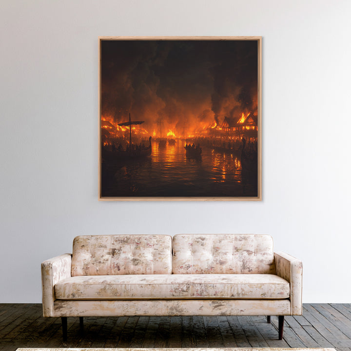 Burning Medieval Harbor And Viking Ships Wall Art, Dark Fantasy Fire Painting, Dramatic Historical Canvas Home Decor, Luxury Wall Decor