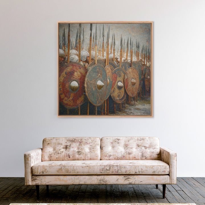Ancient Shield Wall With Spears Canvas Print, Greek Hoplite Army Wall Art, Historical Battle Decor, Textured Oil Painting