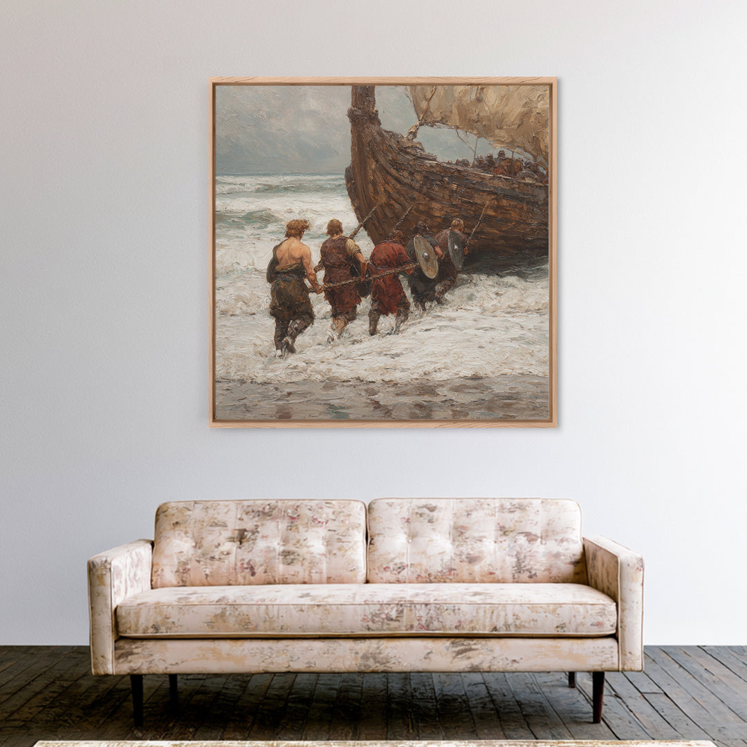 Viking Longship Landing On Stormy Shore Canvas Print, Norse Seascape Oil Painting, Nautical Coastal Wall Decor For Living Room
