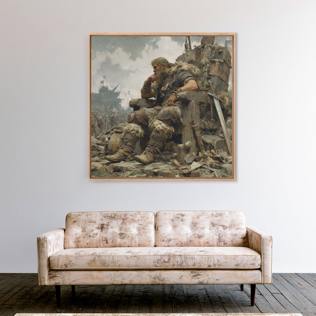 Viking Chieftain On Ruined Throne Framed Canvas Print, Norse Warrior Oil Painting, Rustic Medieval Wall Decor, Gift For Him