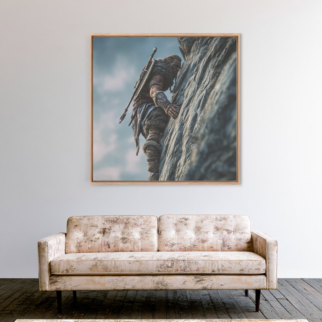 Viking Cliff Climber Warrior Wall Art, Norse Fantasy Canvas Print, Adventure Decor, Mountain Artwork, Gift For Him, Rustic Home Decor