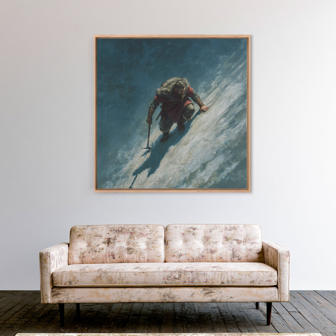 Lone Viking Climbing Icy Mountain Wall Art, Nordic Warrior Oil Painting, Dark Adventure Landscape Office Decor Gift For Him