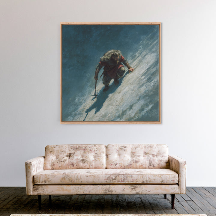 Lone Viking Climbing Icy Mountain Wall Art, Nordic Warrior Oil Painting, Dark Adventure Landscape Office Decor Gift For Him