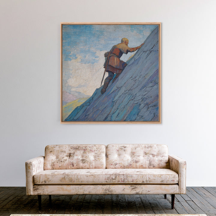 Lone Viking Climbing Icy Mountain Canvas Print, Fantasy Adventure Landscape Art, Nordic Wall Decor, Motivational Office Art