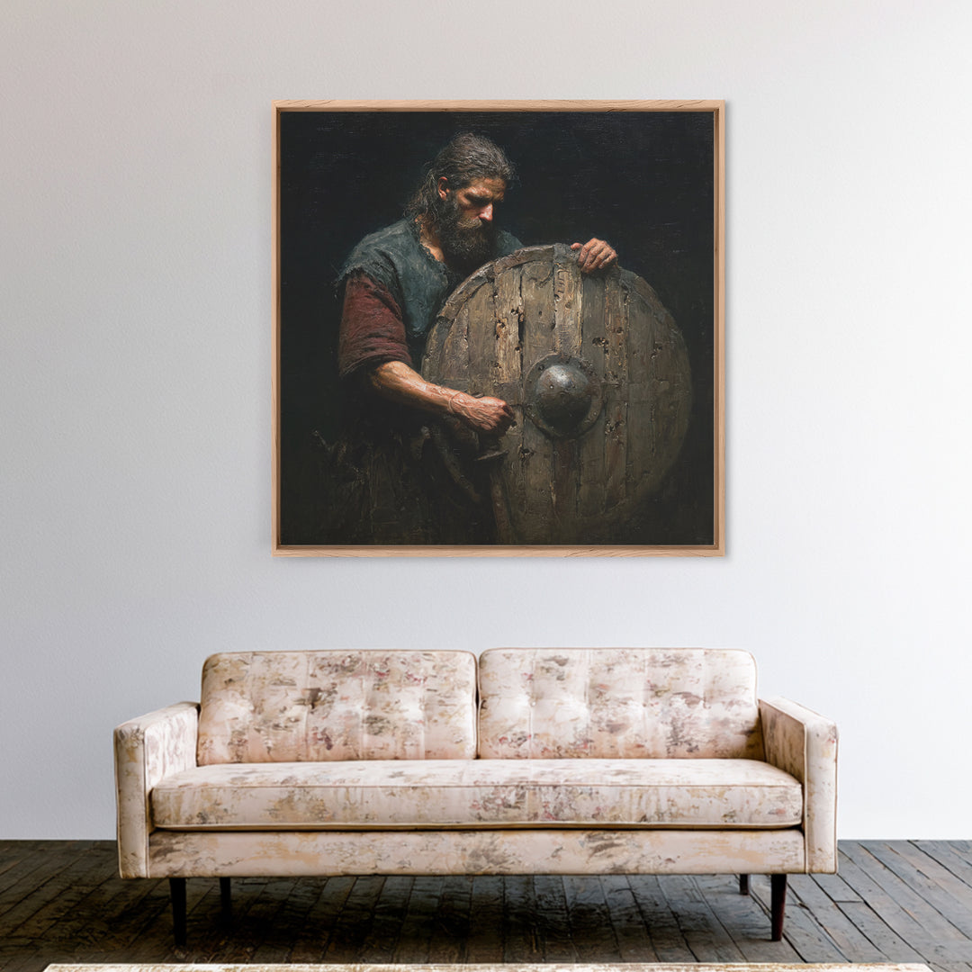 Bearded Warrior Holding Weathered Wooden Shield Canvas Print, Rustic Wall Art, Viking Art, Dark Academia Decor, Gift For Him