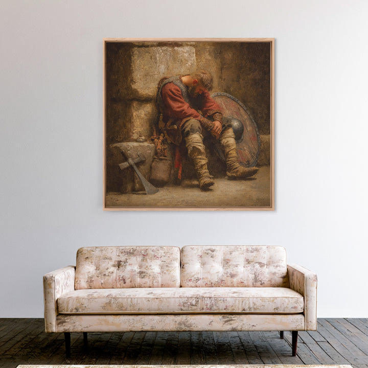 Exhausted Viking Warrior Wall Art, Medieval Shield And Axe Painting, Rustic Historical Canvas Print For Man Cave And Office Decor