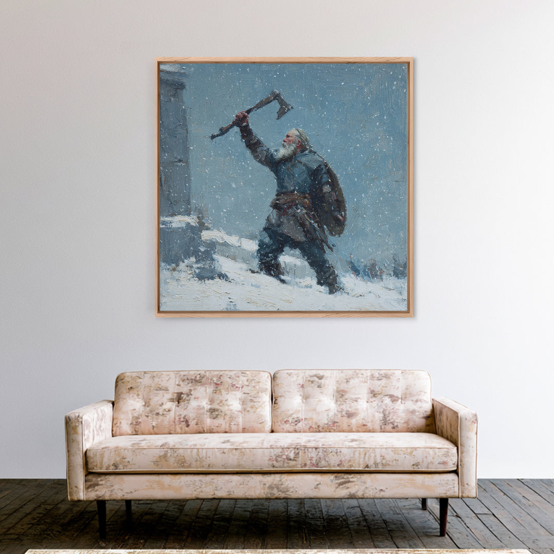 Snowy Viking Warrior Raising Axe Canvas Print, Norse Wall Art, Winter Landscape Art, Rustic Home Decor, Gift For Him, Cabin Decor