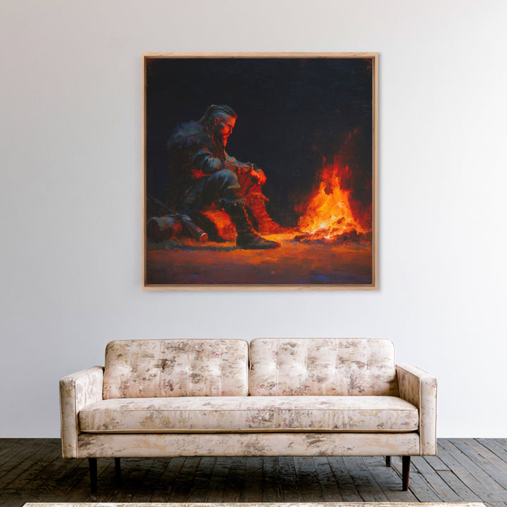 Viking Warrior Beside Fire Framed Canvas Print, Dark Fantasy Art, Nordic Wall Decor, Masculine Man Cave Office Decor Gift For Him