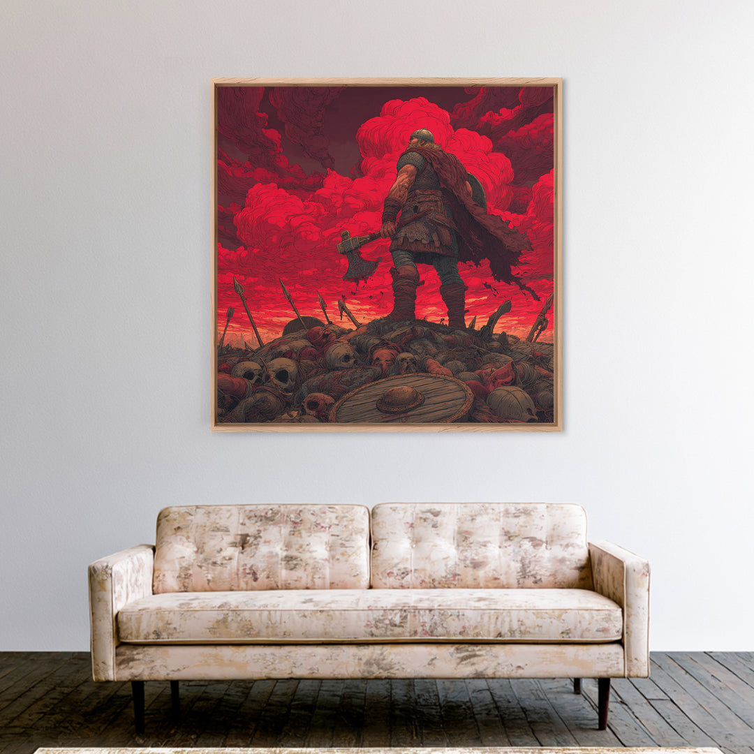 Viking Warrior On Skull Battlefield, Red Apocalypse Wall Art, Norse Fantasy Canvas Print, Dark Masculine Decor, Gift For Him