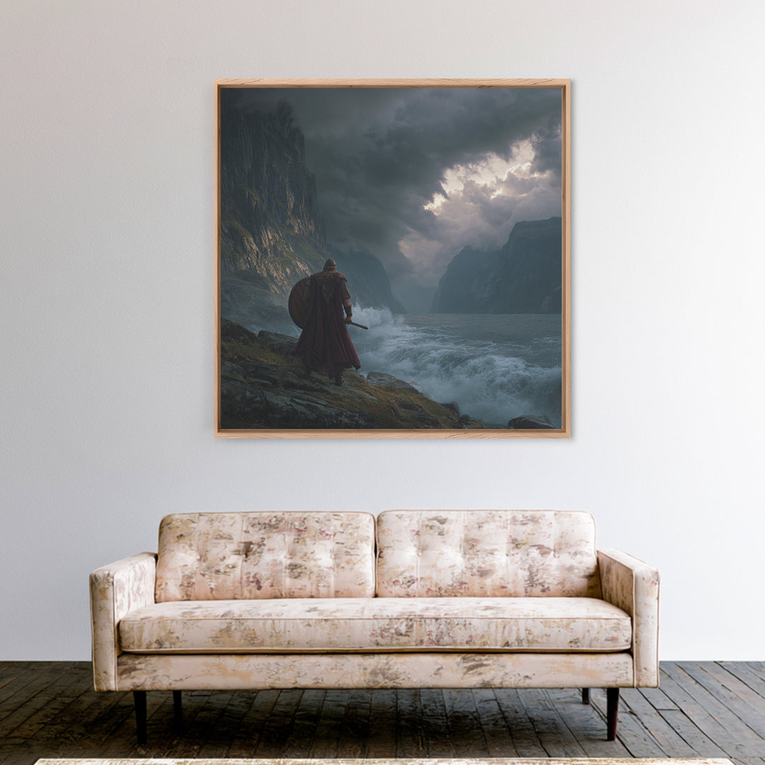Viking Warrior Over Stormy Fjord Wall Art, Nordic Landscape Canvas Print, Moody Seascape, Nautical Decor, Gift For Him, Coastal Wall Art
