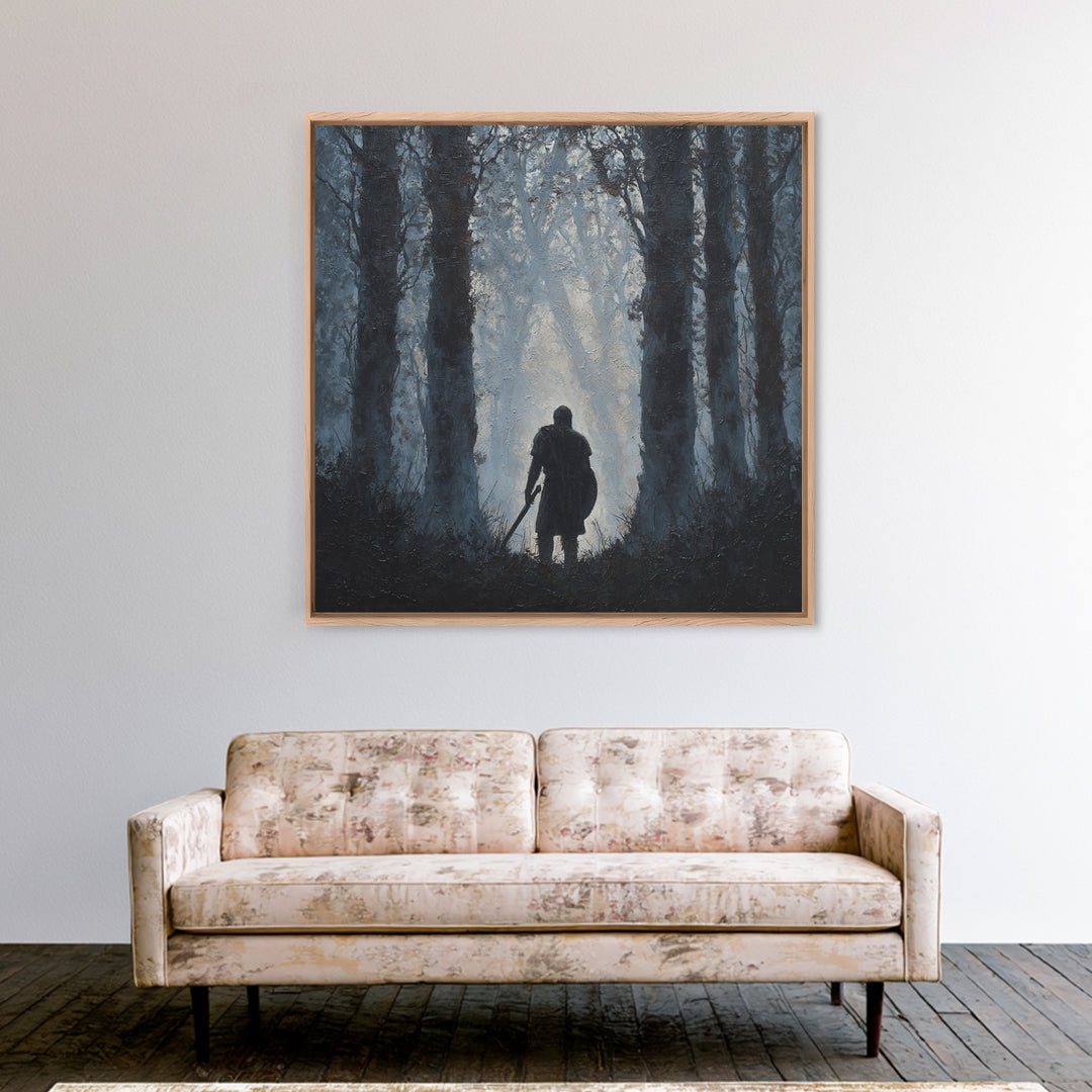 Dark Warrior In Misty Forest Wall Art, Medieval Fantasy Oil Painting, Moody Landscape Print, Gothic Home Decor Gift For Him