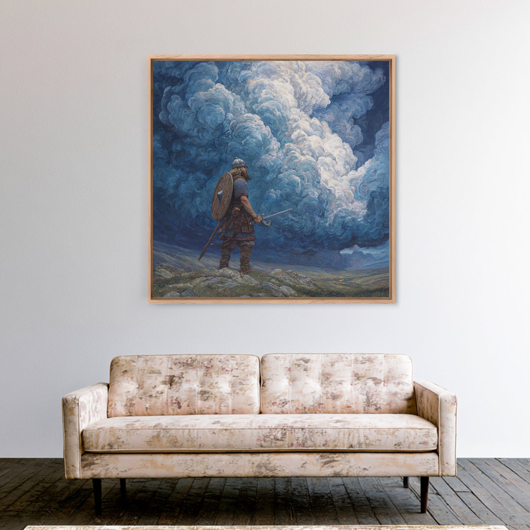 Viking Warrior Beneath Storm Clouds Wall Art, Nordic Fantasy Landscape, Dramatic Blue Canvas Print, Masculine Rustic Decor