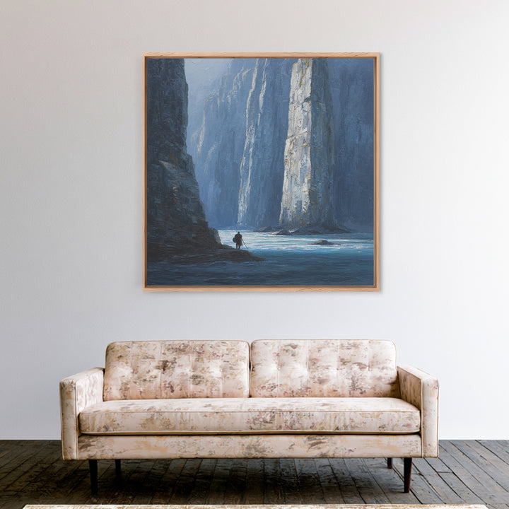 Lone Traveler In Blue Canyon Canvas Print, Misty Cliff Landscape Painting, Moody Nature Wall Art For Living Room Decor Gift