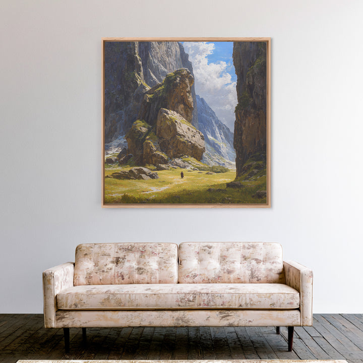 Majestic Alpine Canyon With Lone Traveler Wall Art, Mountain Landscape Painting, Nature Canvas Decor, Large Living Room Art