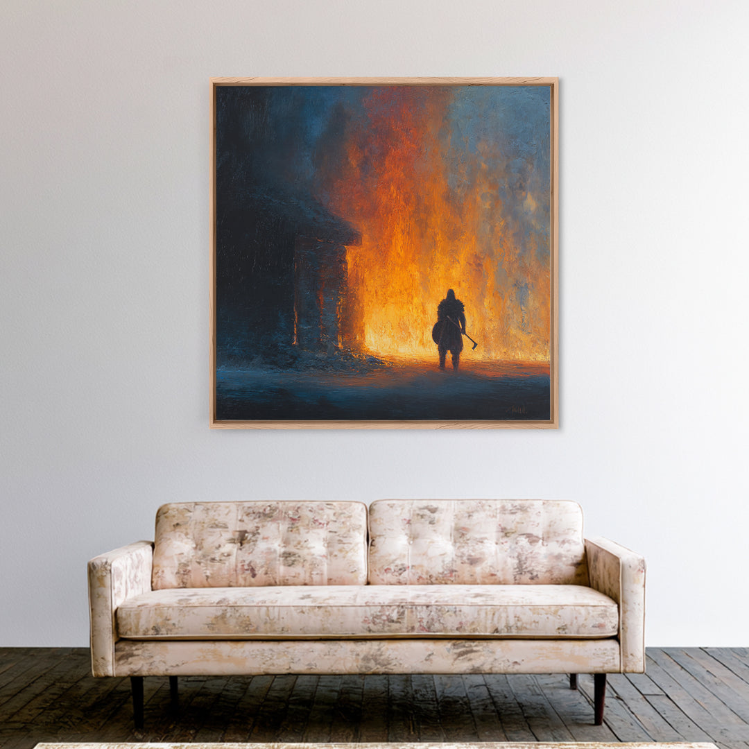 Lone Warrior Before Blazing Hall Wall Art, Dark Fantasy Fire Painting, Medieval Battle Decor, Moody Canvas Art Gift For Him