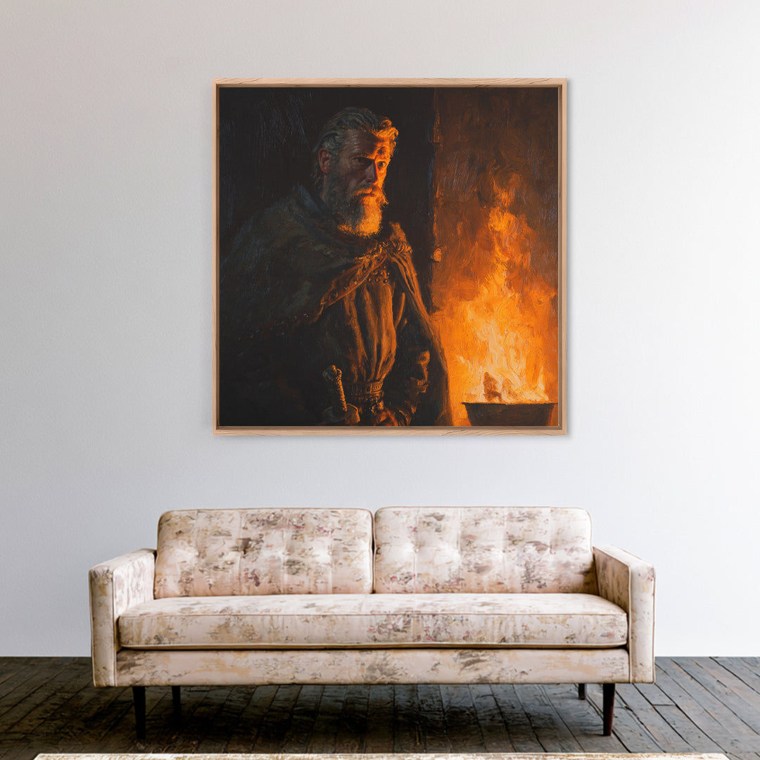 Bearded Viking By Firelight, Moody Warrior Portrait Wall Art, Norse Framed Canvas Print, Rustic Masculine Decor, Gift For Him