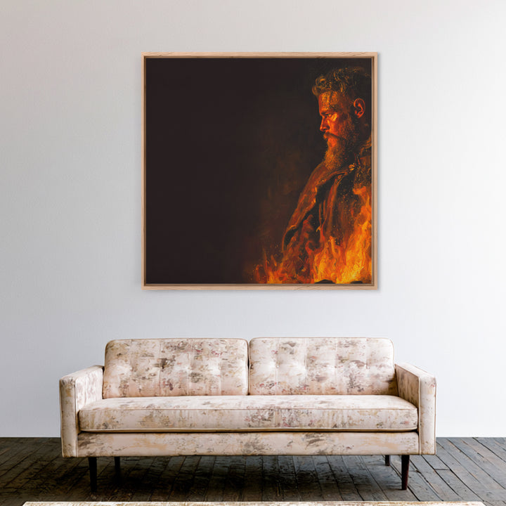 Fiery Viking Warrior Portrait Canvas Print, Bold Dark Norse Painting, Masculine Wall Art, Moody Fantasy Decor Gift For Him