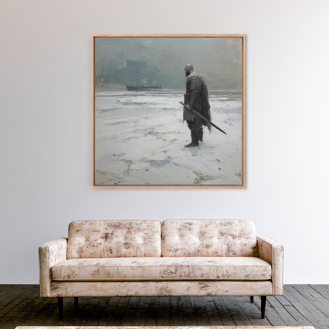 Lone Warrior With Sword In Snow Framed Canvas Print, Nordic Winter Landscape, Moody Wall Art, Dark Fantasy Office Decor Gift