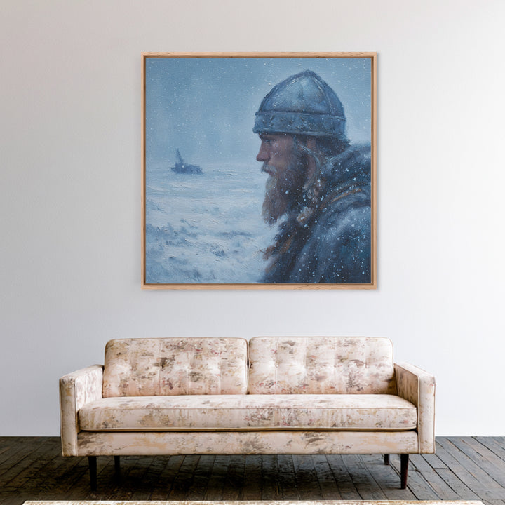 Snowy Viking Warrior Profile Wall Art, Nordic Winter Seascape Oil Painting, Norse Mythology Decor, Masculine Art Print Gift