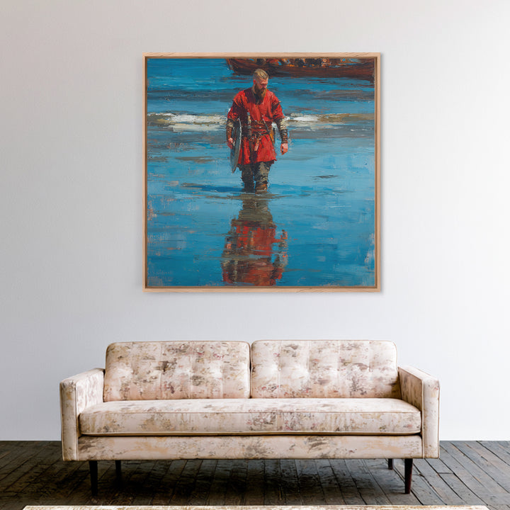 Red Viking Warrior On Shore Canvas Print, Medieval Seascape Oil Painting, Norse Wall Decor, Coastal Masculine Gift For Him